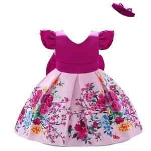 Floral Baby Party Dress with Big Bow with Headband. Size 12-18M